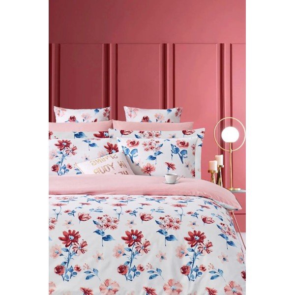 Bijela/ružičasta posteljina za bračni krevet/za produženi krevet od renforce pamuka s uključenom plahtom/4-dijelna 200x220 cm – Mila Home
