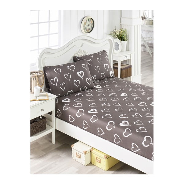 Set smeđih plahti i 2 jastučnice za bračni krevet Hearts Lusno, 160 x 200 cm