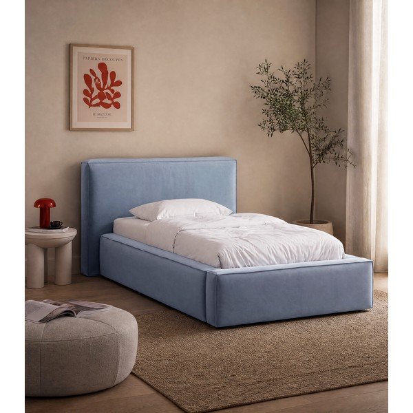 Svijetlo plavi tapecirani krevet s prostorom za odlaganje s podnicom 90x200 cm Jodie – Micadoni -image-1