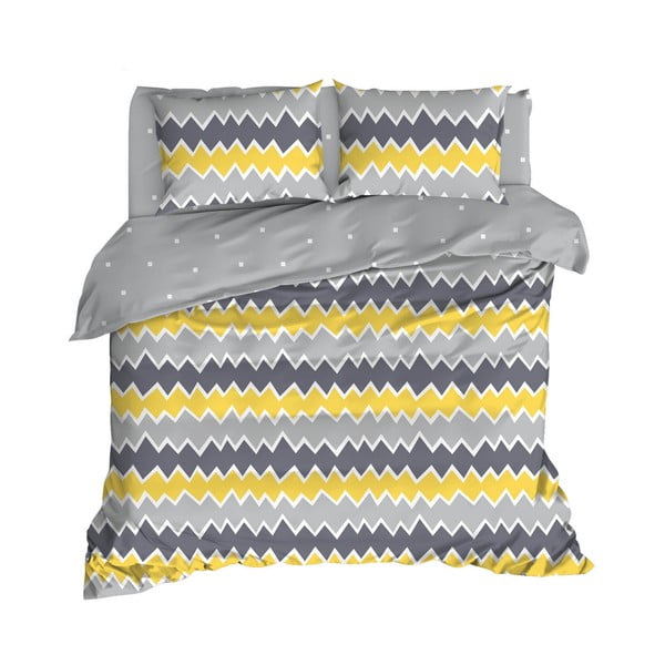 Žuto-siva pamučna posteljina za bračni krevet s plahtom i pokrivačem 240x260 cm Zigros - Mijolnir