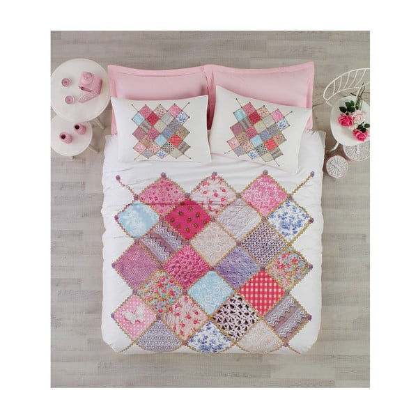 Ružičasta pamučna posteljina s plahtama za bračni krevet Natali, 200 x 220 cm
