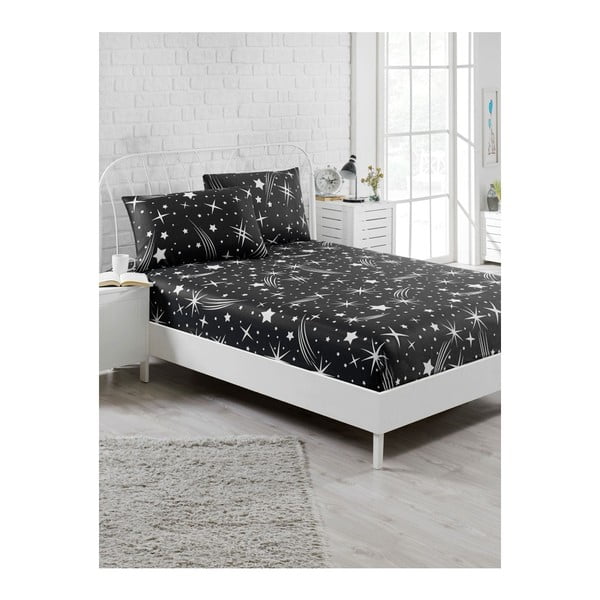 Komplet crnih elastičnih plahti i jastučnice za krevet Starry Night za jednu osobu, 100 x 200 cm
