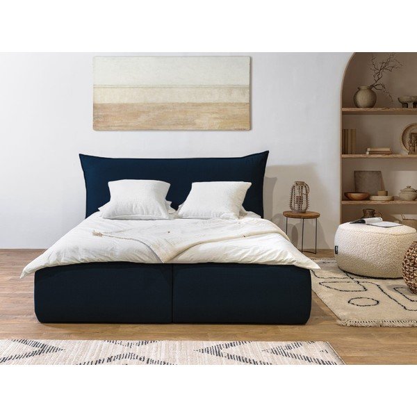 Tamno plavi tapecirani bračni krevet s prostorom za odlaganje s podnicom 180x200 cm Jade – Bobochic Paris-image-1