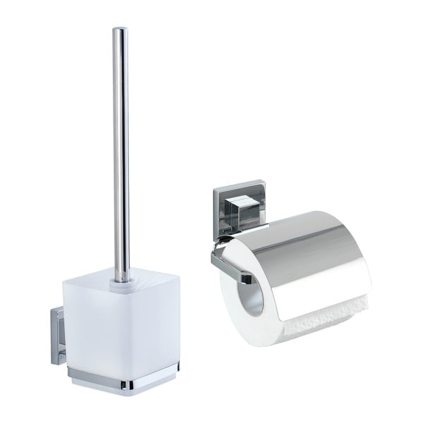 Samoljepljiv set pribora za kupaonicu od nehrđajućeg čelika u sjajno srebrnoj boji Quadro – Wenko