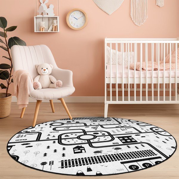 Crno-bijeli periv dječji tepih za igru ø120 cm In My Town – Mila Home-image-4