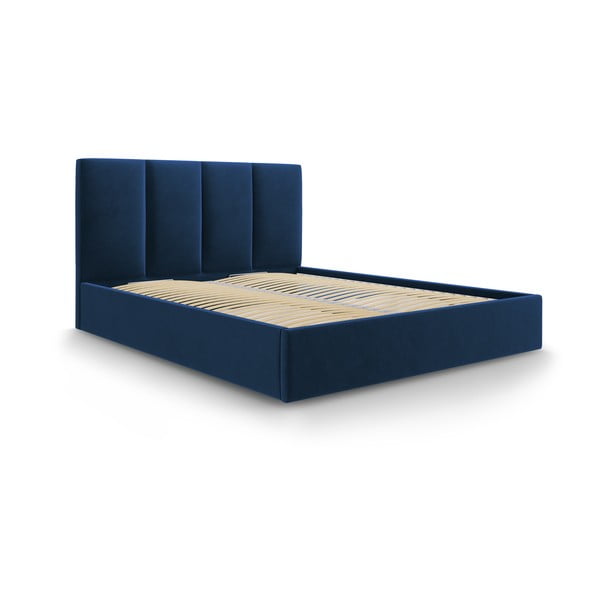 Tamno plavi baršunasti bračni krevet Mazzini Kreveti Juniper, 180 x 200 cm
