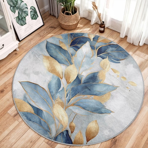 Plavi/u zlatnoj boji perivi okrugao tepih ø 100 cm Golden Leaves – Mila Home-image-2