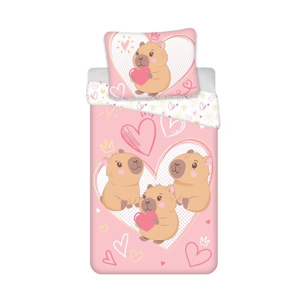 Ružičasta pamučna dječja posteljina za krevet za jednu osobu 140x200 cm Kapybara Heart – Jerry Fabrics