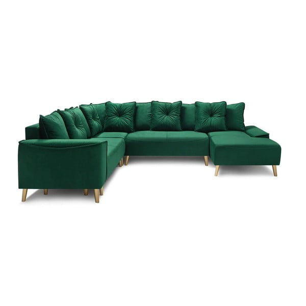Zeleni baršunasti kauč na razvlačenje &quot;U&quot; sa zlatnim nogama Bobochic Paris Panoramique XXL Hera, desni kut