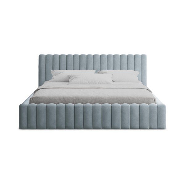 Svijetlo plavi tapecirani bračni krevet s prostorom za odlaganje s podnicom 160x200 cm Lemi – Makamii-image-4