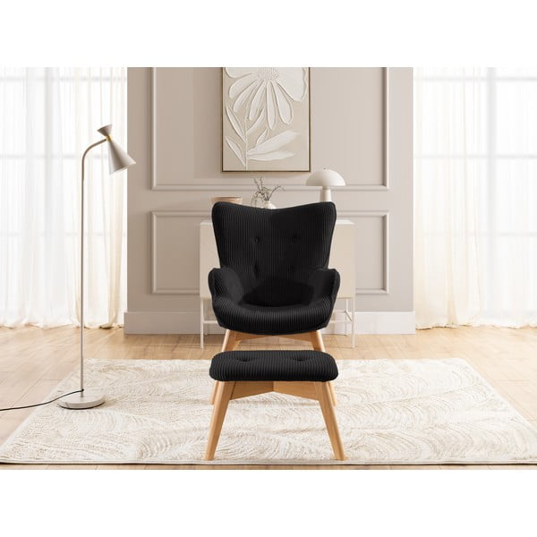 Crna fotelja s naslonjačem za noge od samta Niko – Ropez-image-1