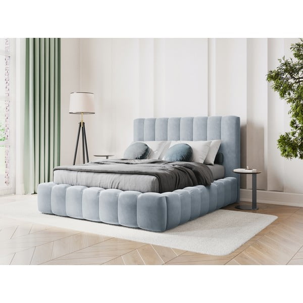 Svijetloplavi tapecirani bračni krevet s prostorom za pohranu s letvičastom podnicom 200x200 cm Kelp - Micadoni Home-image-1