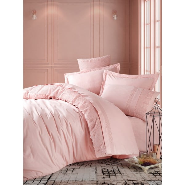 Pudrasto ružičasta pamučna posteljina s plahtom Cotton Box Elba, 200 x 220 cm