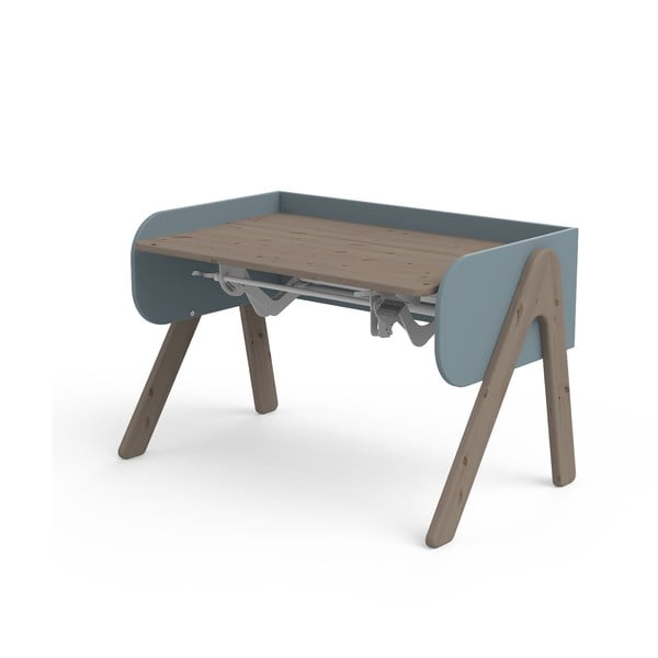Tamno smeđe-plavi radni stol od borovine s podesivom visinom Flexa Woody