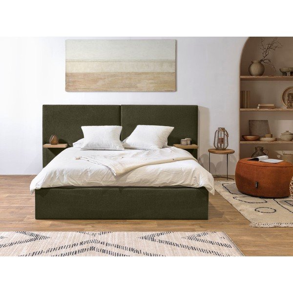 Tamno zeleni tapecirani bračni krevet s prostorom za odlaganje s podnicom 160x200 cm Blandine – Bobochic Paris-image-1