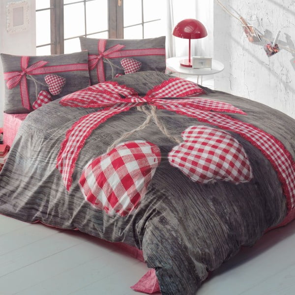 Pamučna posteljina s plahtom za bračni krevet Lovebox, 200 x 220 cm