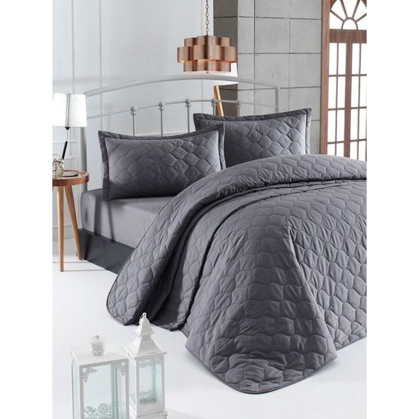 Tamno sivi prekrivač s 2 jastučnice od ranforce pamuka EnLora Home Fresh, 225 x 240 cm