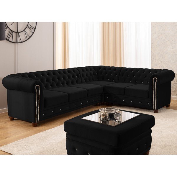 Crna baršunasti sklopiva kutna garnitura (s desnim kutom/u obliku slova L) York Blik – Ropez-image-1