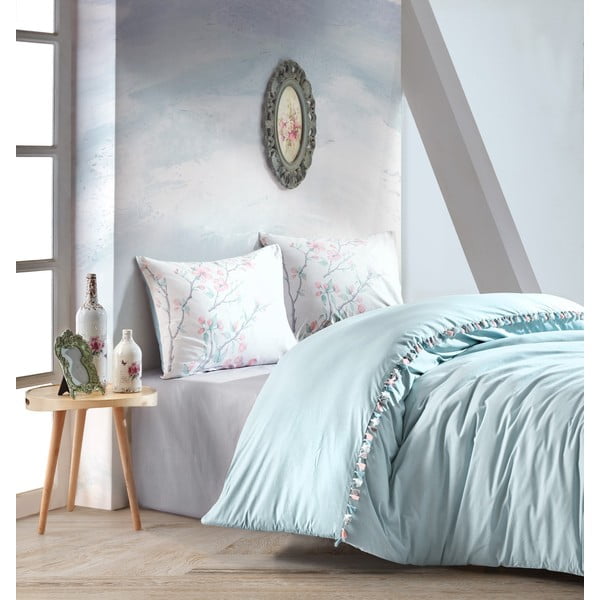 Mentol plava pamučna posteljina s plahtama Cotton Box Linda, 200 x 220 cm
