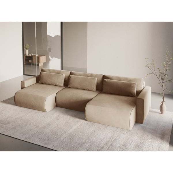 Svjetlo smeđa baršunasti sklopiva/s prostorom za odlaganje kutna garnitura (u obliku slova "U") Belfast – Cosmopolitan Design-image-1