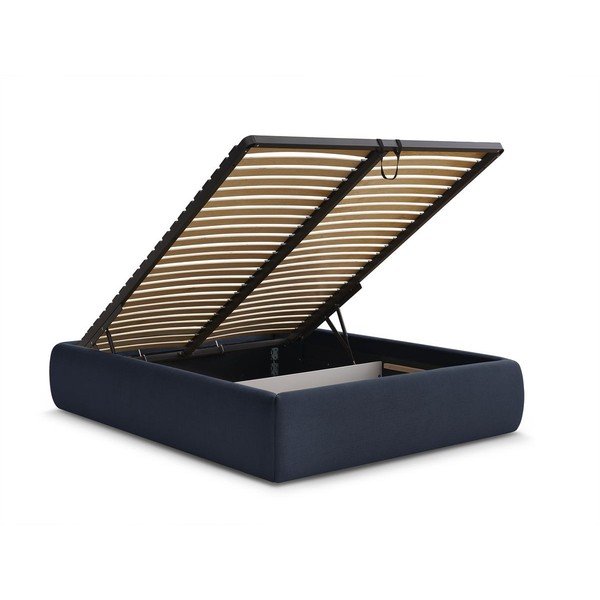 Tamno plavi tapecirani bračni krevet s prostorom za odlaganje/bez uzglavlja s podnicom 160x200 cm Inera – Bobochic Paris-image-3