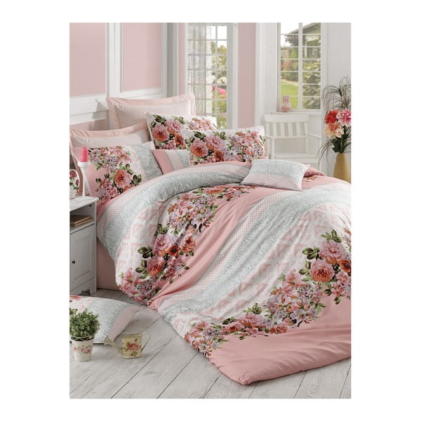 Posteljina za bračni krevet s motivom cvijeća s plahtom History, 200 x 220 cm