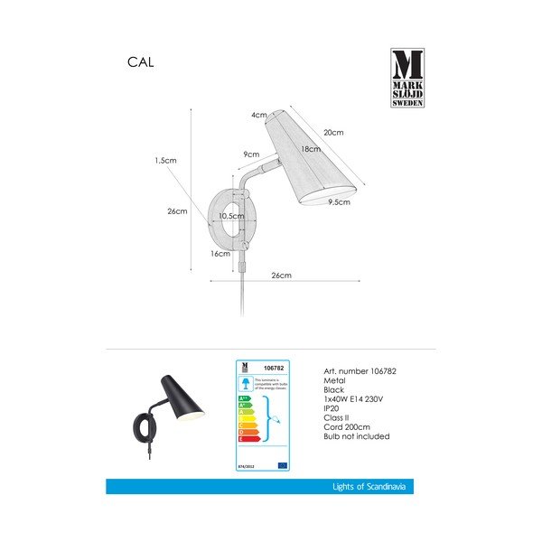 Crna zidna lampa s utikačem ø 9,5 cm Cal – Markslöjd-image-2