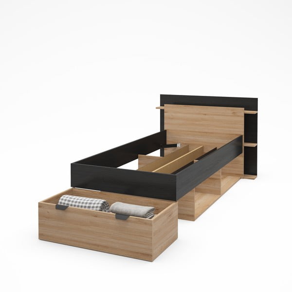 Crni/u prirodnoj boji krevet u dekoru hrasta s prostorom za pohranu bez podnice 90x200 cm Albo – Marckeric-image-4
