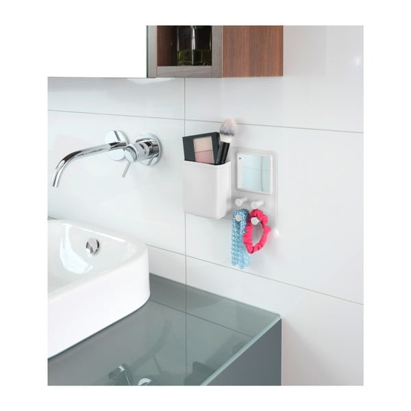 Bijeli silikonski zidni organizator s kukicama i ogledalom Wenko Ampio-image-4