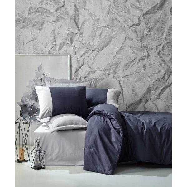 Tamnoplava pamučna posteljina s plahtom Cotton Box Plain, 200 x 220 cm