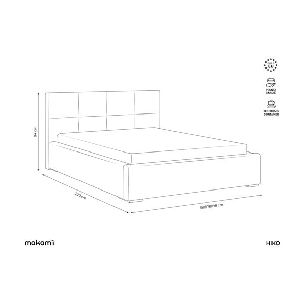 Svijetlo sivi baršunasti tapecirani bračni krevet s prostorom za odlaganje s podnicom 140x200 cm Hiko – Makamii-image-3