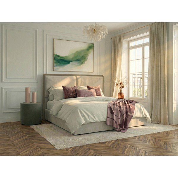 Bež/smeđe-sivi podstavljeni bračni krevet s prostorom za odlaganje s podnicom 180x200 cm Mara – Bobochic Paris-image-1