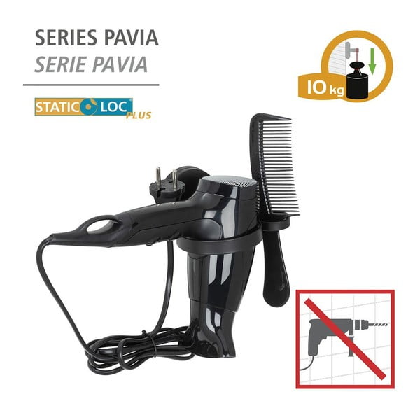 Crni zidni nosač za sušilo za kosu Wenko Static-Loc® Pavia-image-3