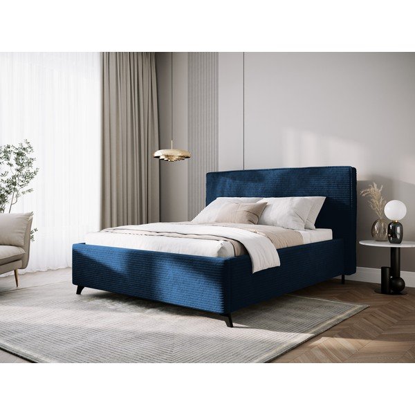 Tamno plavi tapecirani bračni krevet s prostorom za pohranu s podnicom 160x200 cm Malou – Milo Casa-image-1