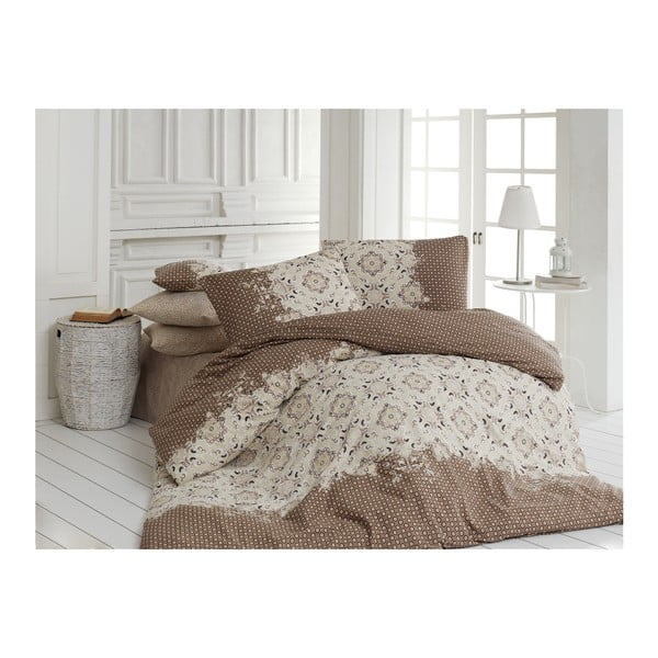 Smeđa posteljina s plahtama za bračni krevet Elsa, 200 x 220 cm