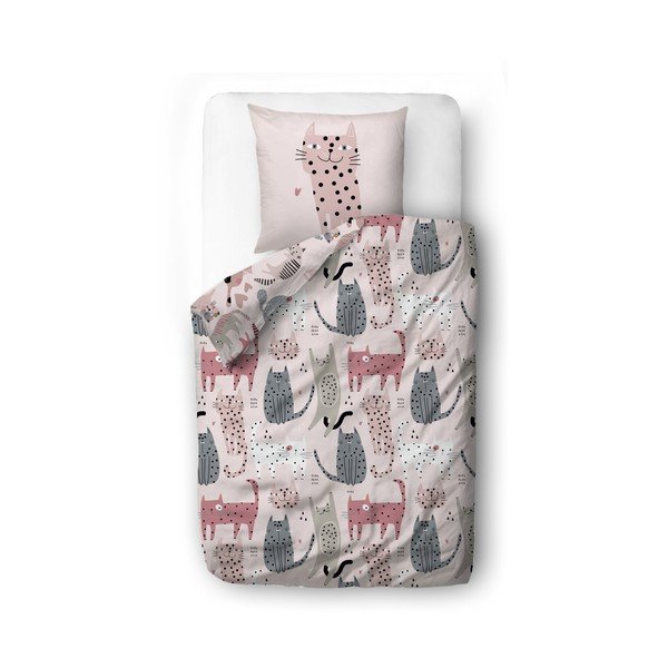 Ružičasta dječja posteljina za krevet za jednu osobu od pamučnog satena 140x200 cm Meow Meow – Butter Kings