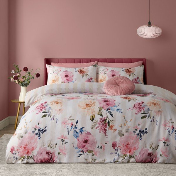 Krem posteljina za krevet za jednu osobu 135x200 cm Floral Stripe – Catherine Lansfield-image-1