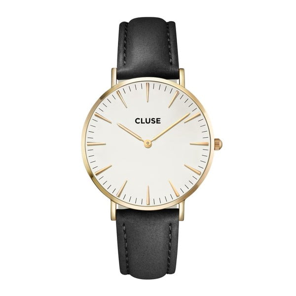 Ženski sat s crnim kožnim remenom i zlatnim detaljima Cluse La Bohéme