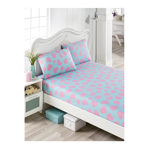 Set ružičasto-plavih plahti i 2 jastučnice za bračni krevet Mulena Punteja, 160 x 200 cm