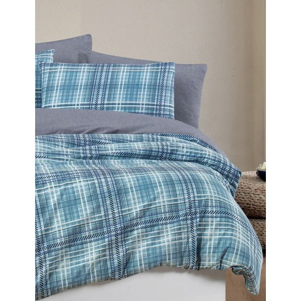 Plava posteljina za bračni krevet/za produženi krevet s uključenom plahtom/4-dijelna 200x220 cm Ekose – Mila Home-image-3