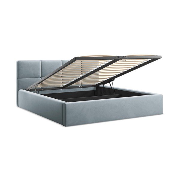 Svijetlo plavi baršunasti tapecirani bračni krevet s prostorom za odlaganje s podnicom 140x200 cm Hiko – Makamii-image-2