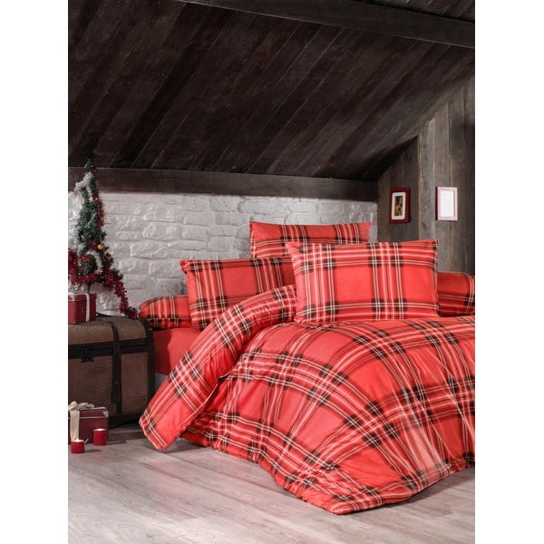 Crvena posteljina od ranforce pamuka s plahtom Victoria Linda, 200 x 220 cm