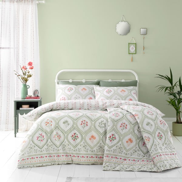 Zelena/krem posteljina za bračni krevet 200x200 cm Cameo Floral – Catherine Lansfield