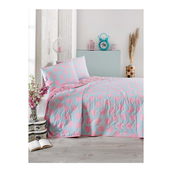 Plavo-ružičasti prekrivač na bračnom krevetu s jastučnicama Pari, 200 x 220 cm