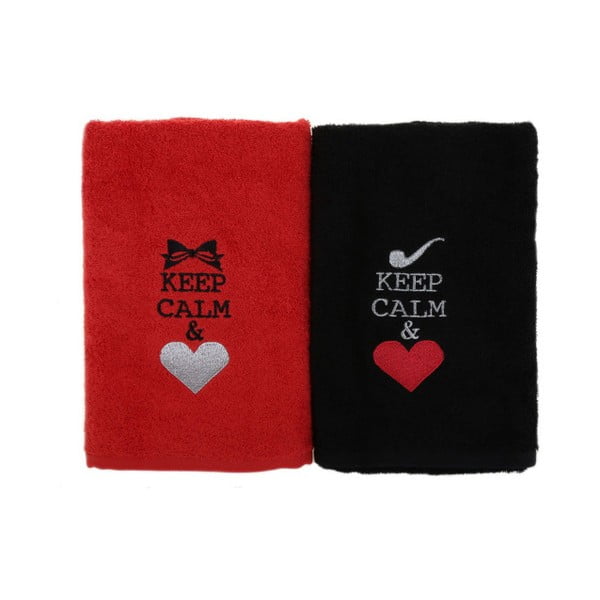 Set od 2 crna i crvena pamučna ručnika Keep Calm, 50 x 90 cm