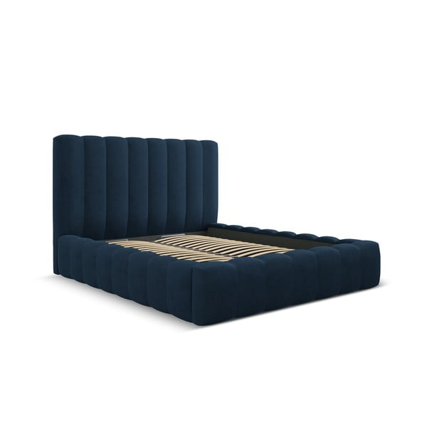 Tamno plavi tapecirani bračni krevet s prostorom za pohranu s podnicom 160x200 cm Kelp – Micadoni Home