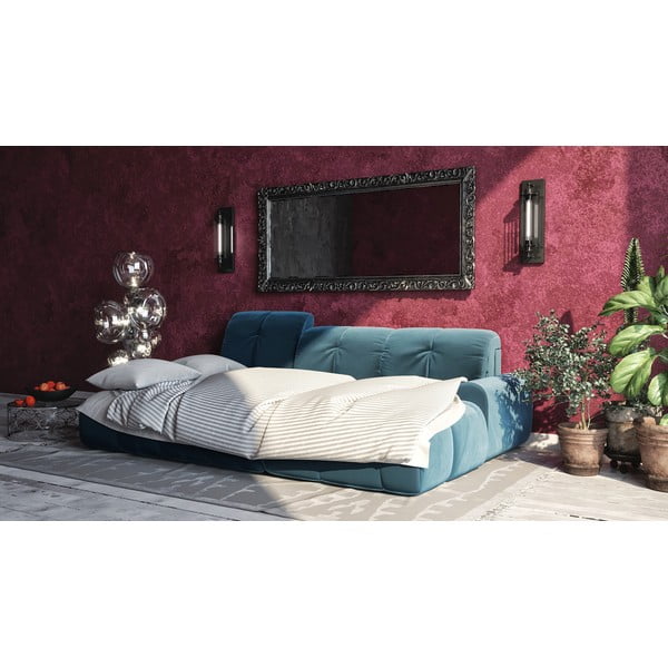 Tamnoplavi baršunasta kutna garnitura na razvlačenje Devichy Tous, lijevi kut-image-1