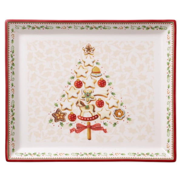 Crveno-bež porculanski tanjur za posluživanje s božićnim motivom Villeroy & Boch, 27,4 x 22,7 cm