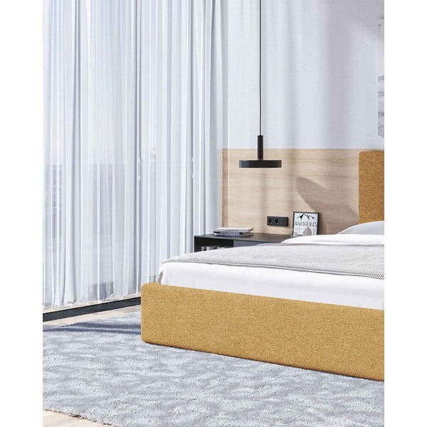 Oker žuti tapecirani bračni krevet s prostorom za pohranu s podnicom 160x200 cm Bufo – MESONICA-image-4