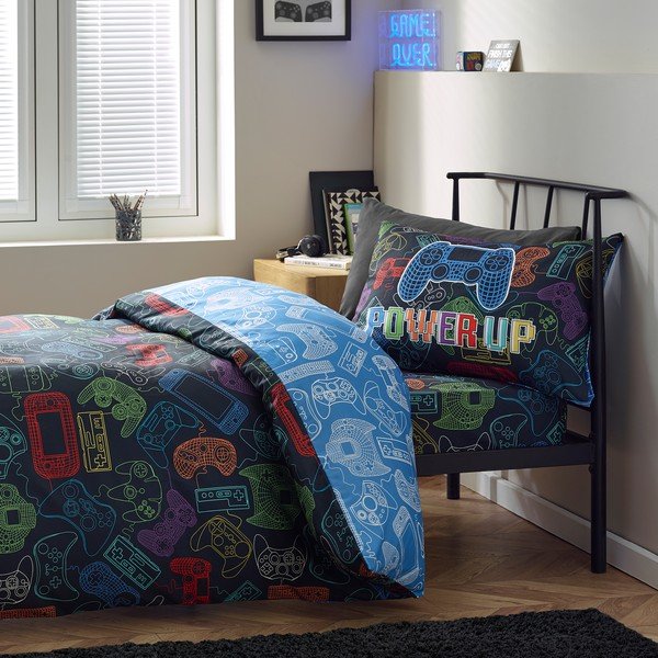 Crna dječja posteljina za krevet za jednu osobu 135x200 cm Power Up Gamer – Catherine Lansfield-image-1